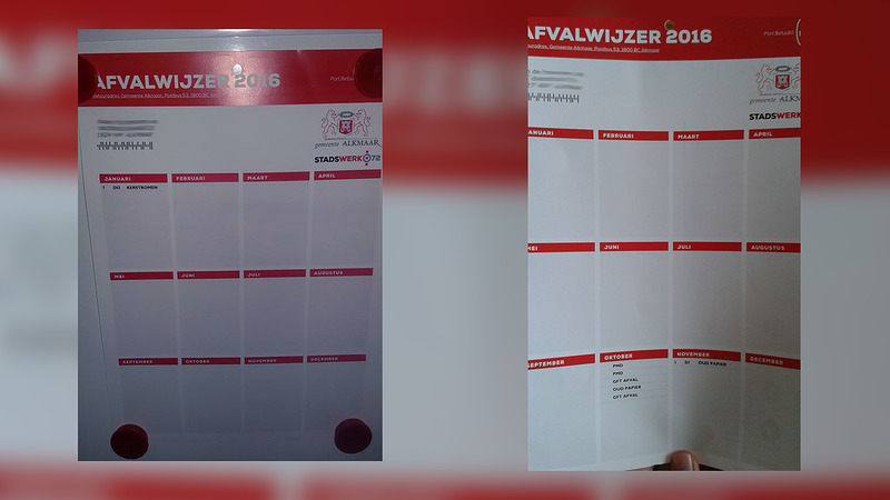 Bijna blanco afvalkalender verspreid; online wel juiste kalender te raadplegen