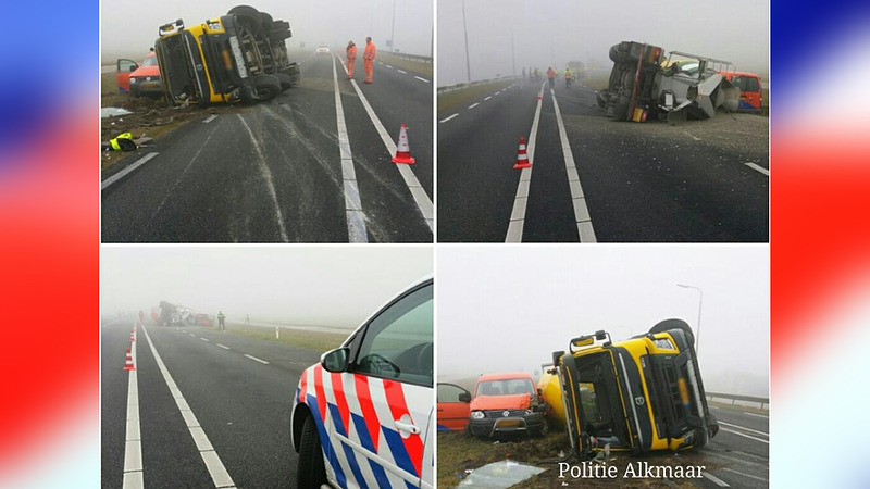 Cementwagen achterstevoren op de kant bij aanrijding op N9