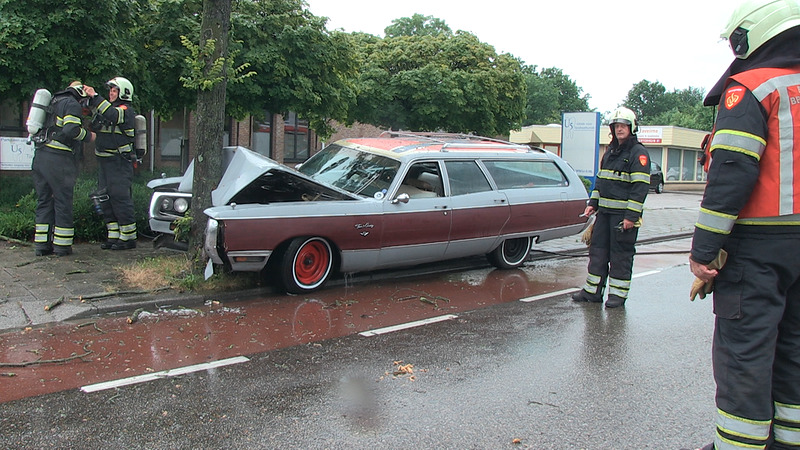 Amerikaanse klassieker in de kreukels tegen boom