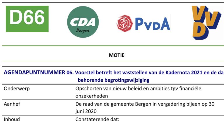 Gemeenteraad Bergen houdt zich voorlopig in met nieuwe plannen en uitgaven