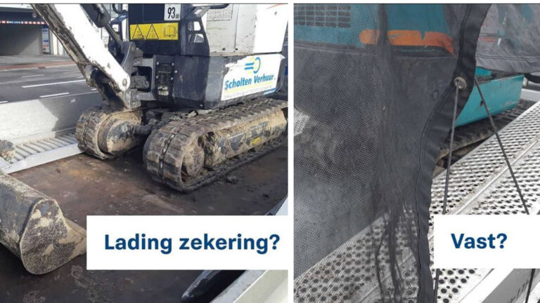 Twee boetes voor rijden met graafmachine op aanhanger, zonder goede bevestiging