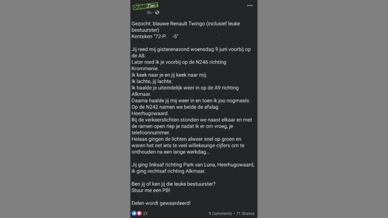 Klik op de weg: man zoekt leuke Heerhugowaardse in Twingo die haar nummer gaf