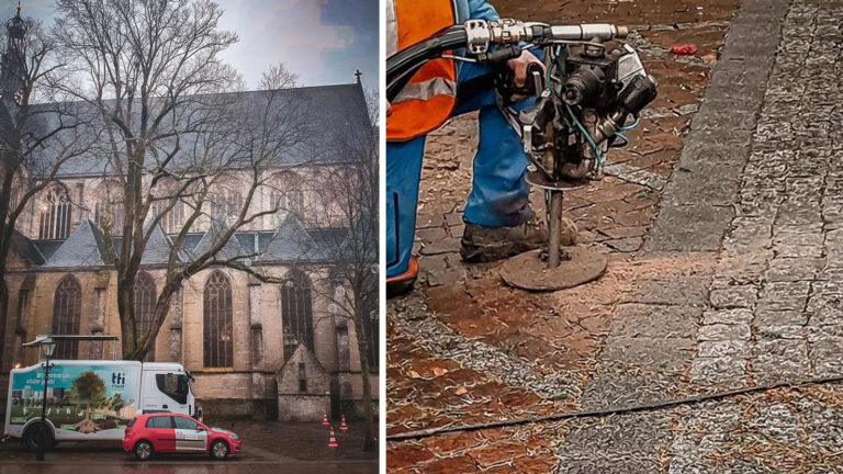 Voedingsinjecties in bodem voor iepen bij Grote Kerk Alkmaar