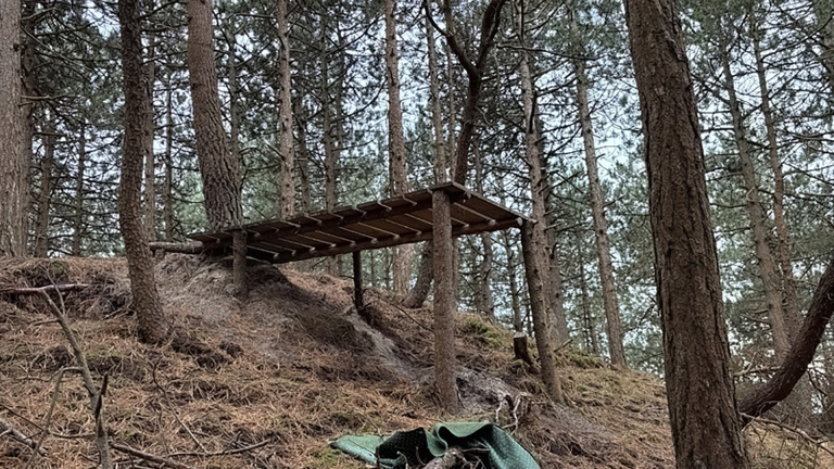 Houten platform op palen in een bosrijke omgeving.