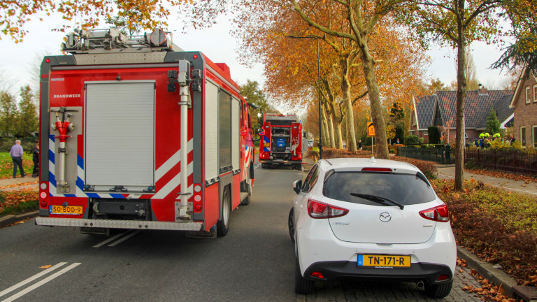 Twee brandweerwagens en een witte auto staan geparkeerd langs een weg omgeven door herfstbomen, terwijl brandweerlieden in de verte in actie zijn bij een huis.