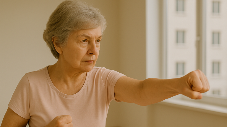 Oudere vrouw in een lichte kamer die met vastberadenheid en concentratie een bokspose aanneemt.