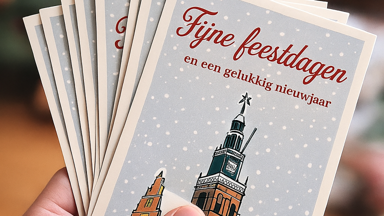 Hand houdt meerdere kaarten met de tekst "Fijne feestdagen en een gelukkig nieuwjaar", versierd met een toren.