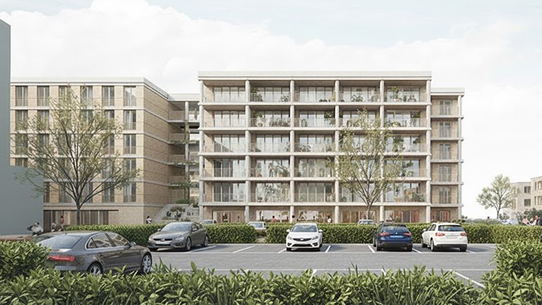 Modern appartementengebouw met meerdere verdiepingen, omgeven door bomen en parkeerplaatsen aan de voorkant.