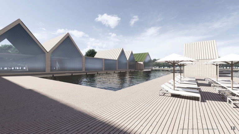 Moderne houten architectuur met zadeldaken naast een waterpartij, voorzien van ligstoelen en parasols op een terras.