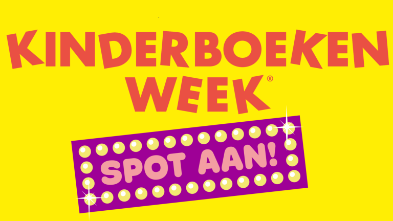 Gele poster met rode tekst Kinderboekenweek en paarse lichtbak met de tekst Spot aan!