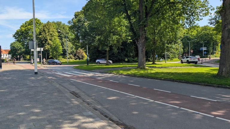 Straat met een fietspad en trottoir langs een park, met bomen en auto's op de achtergrond.