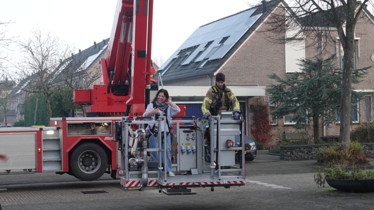 Kat in een reismand kijkt door de tralies, naast een persoon met spijkerbroek en schoenen.
