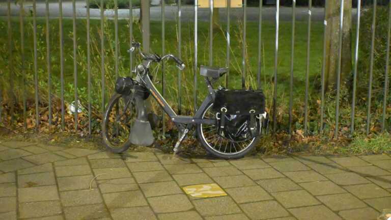 Nederlandse politie- en ambulancevoertuigen met zwaailichten langs de weg 's nachts, met een agent op de stoep.