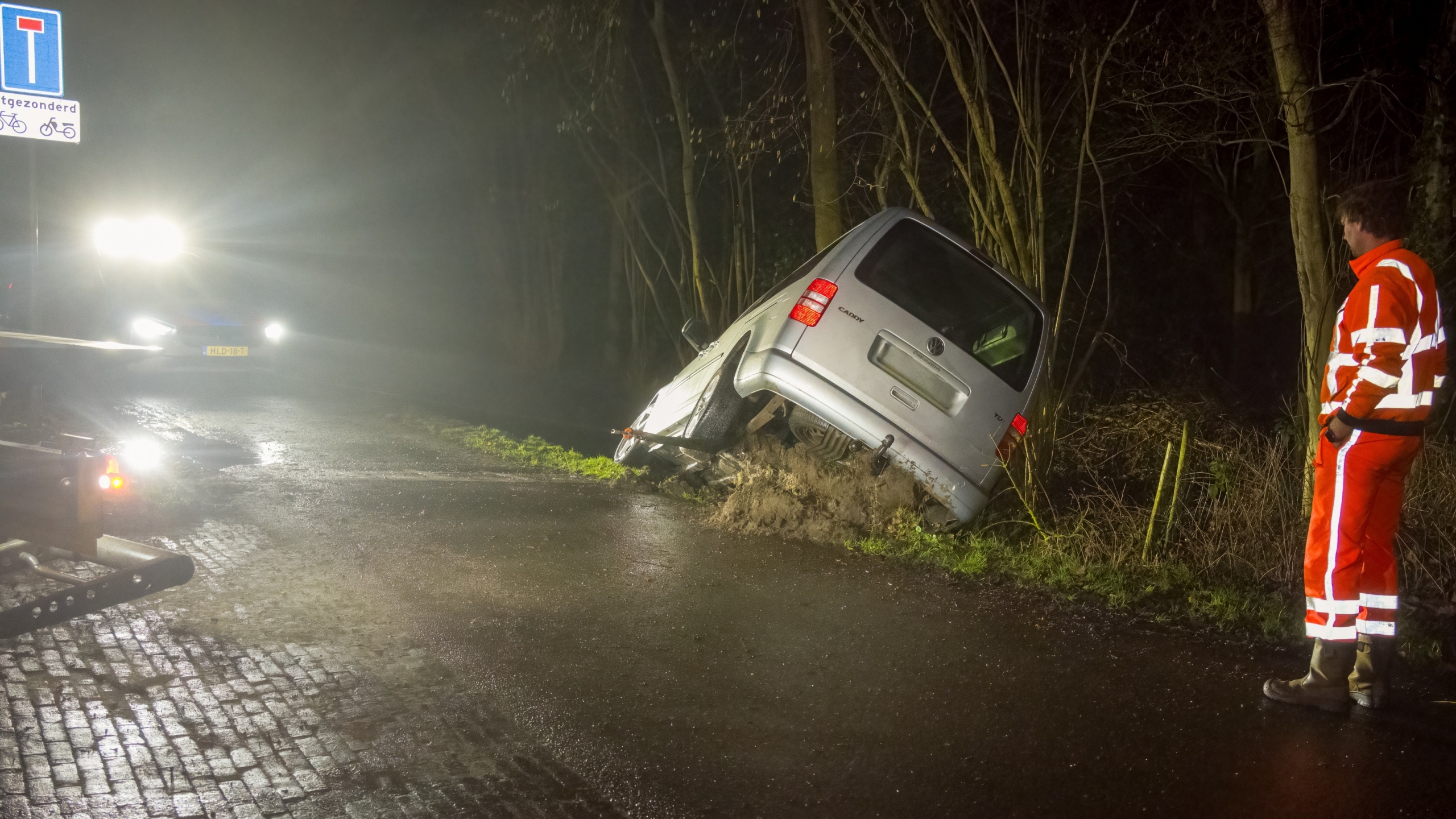 Politieagent met hond onderzoekt een donkere weg waar een auto op zijn zij ligt naast de weg.