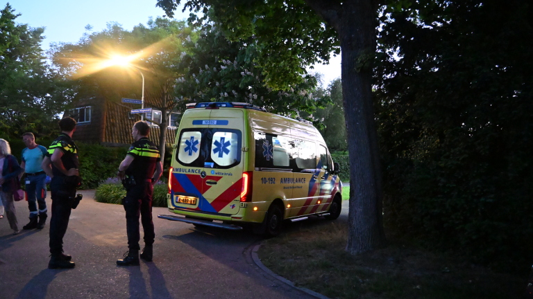 Een ambulance en politieagenten staan geparkeerd naast een boom op een straat verlicht door een lantaarn.