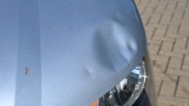 Politieagent loopt naast een vrouw die haar vouwfiets duwt op straat tussen geparkeerde auto’s