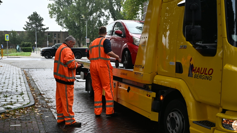 Verhoogd rond plateau met witte klinkers en een verzonken lamp in het midden, op een nat wegdek met bladeren