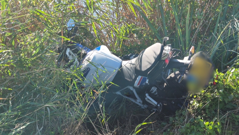 Motorfiets ligt omgevallen tussen hoog riet en gras langs de waterkant, met zichtbaar achterwiel en kenteken